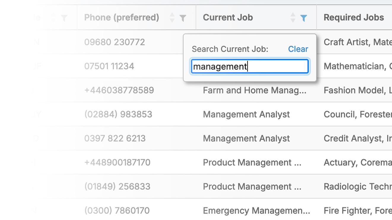 Filtering and sorting columns