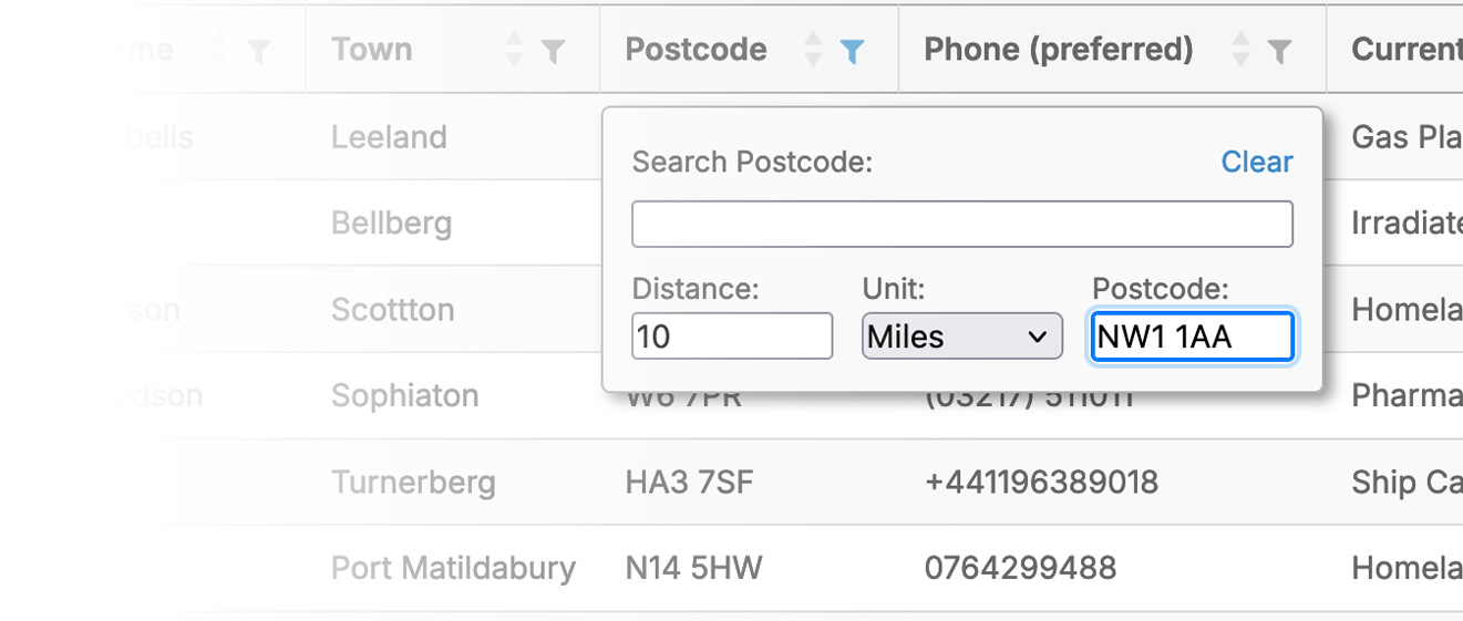 Postcode radius, postcode search