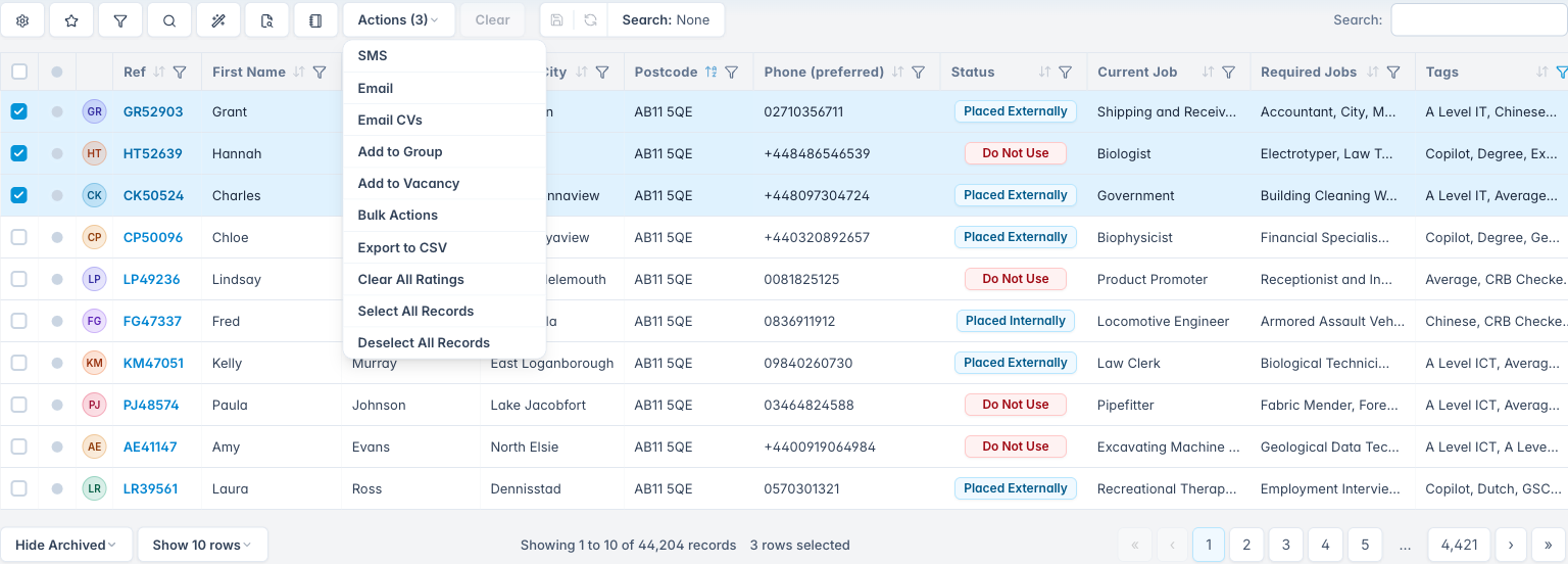 Candidate grid with selected rows and the bulk actions menu open