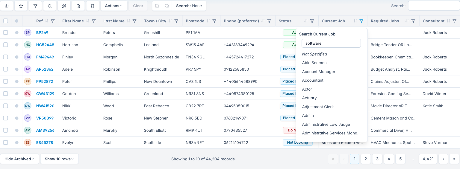 Candidate grid with the Current Job column filter open