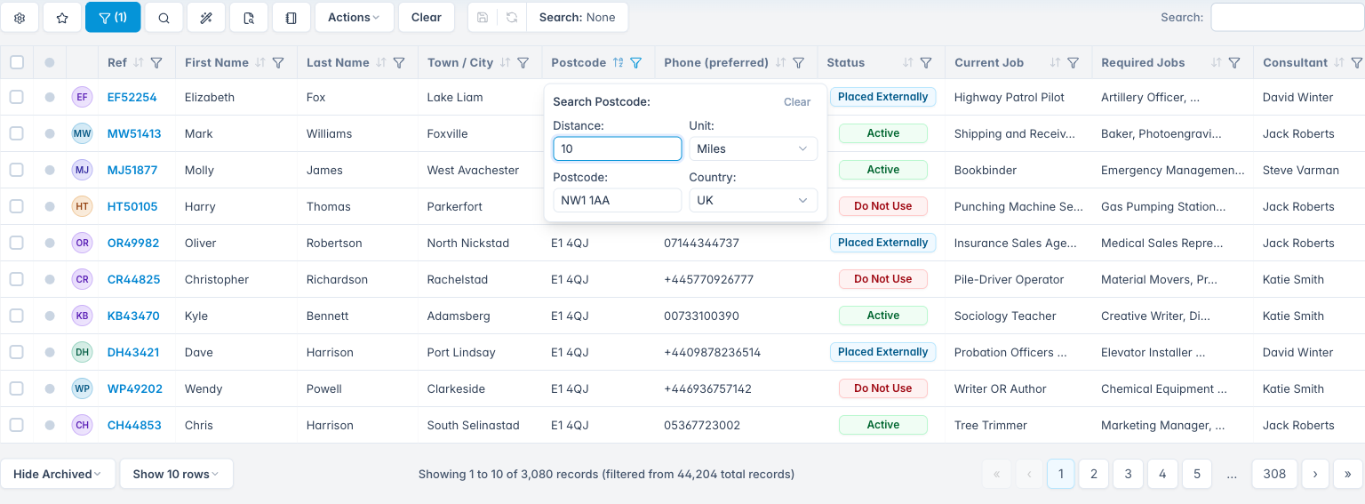 Candidate grid postcode radius filter with distance and postcode fields