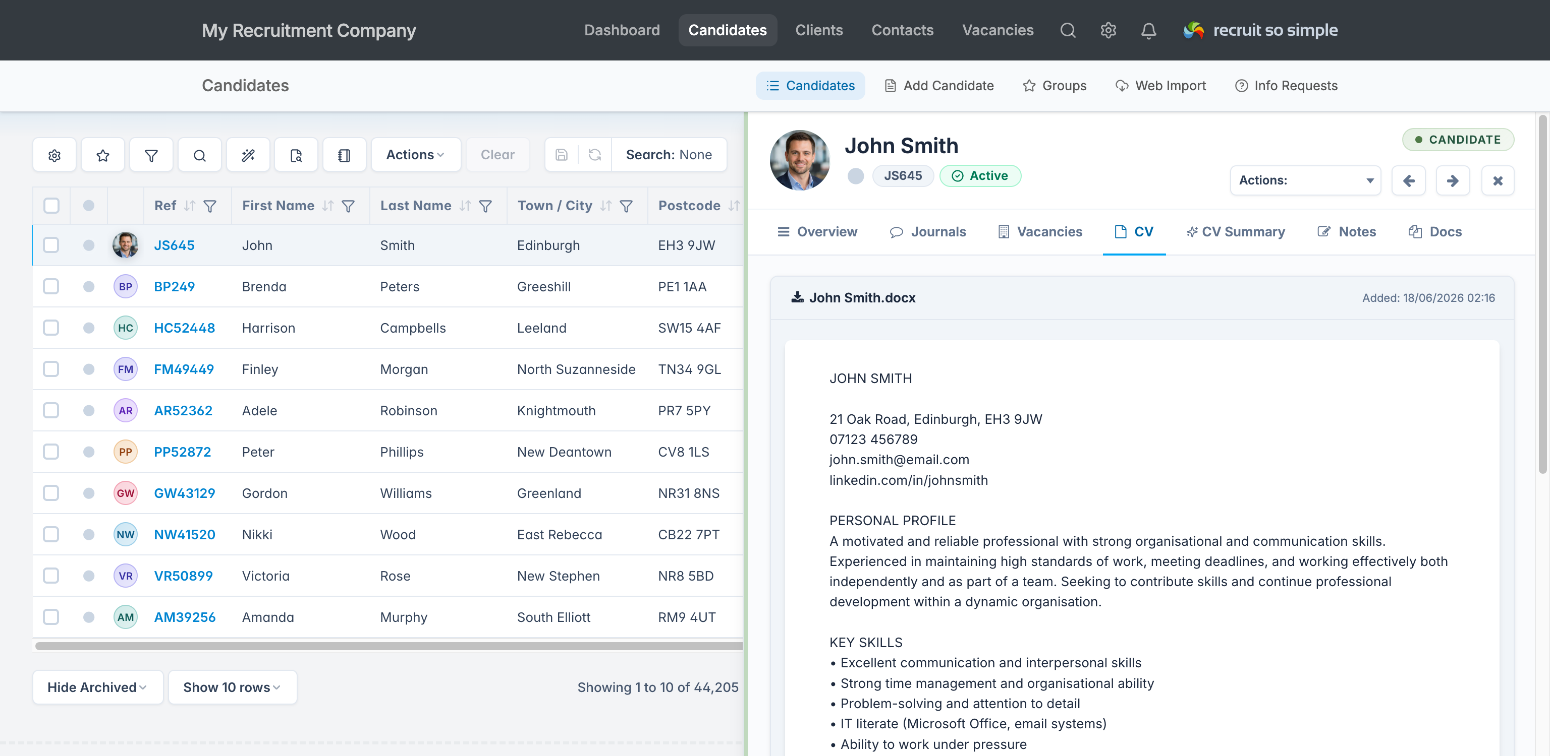 Candidate grid with John Smith selected and the quick preview slide-out open