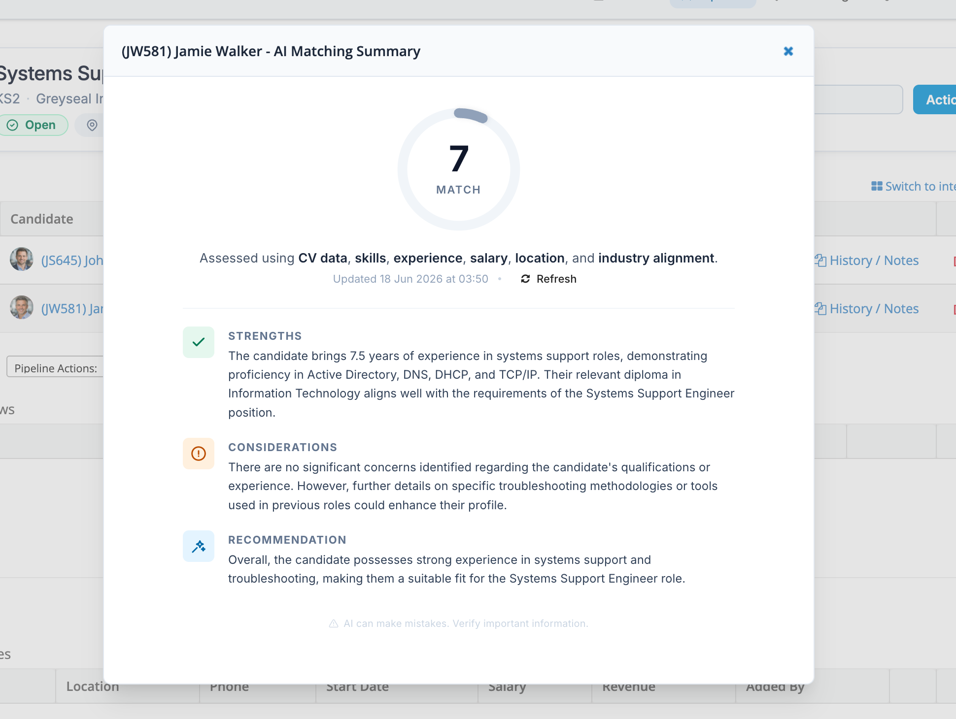 AI matching summary for Jamie Walker on the Systems Support Engineer vacancy