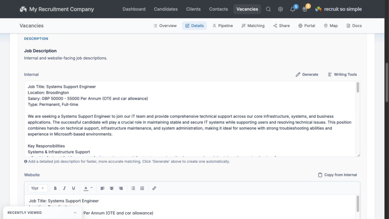 Current vacancy details screen showing an AI-generated Systems Support Engineer job description