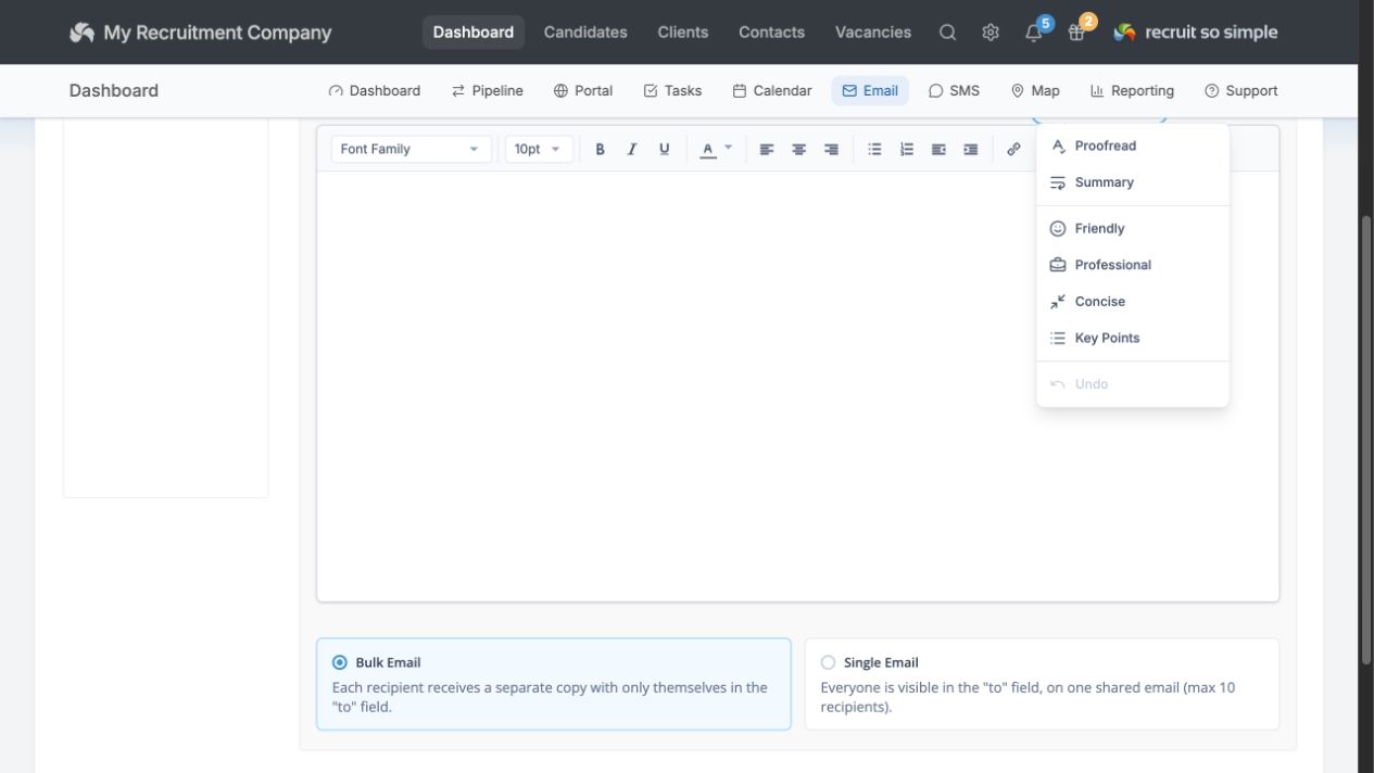AI writing tools menu open in the current email composer