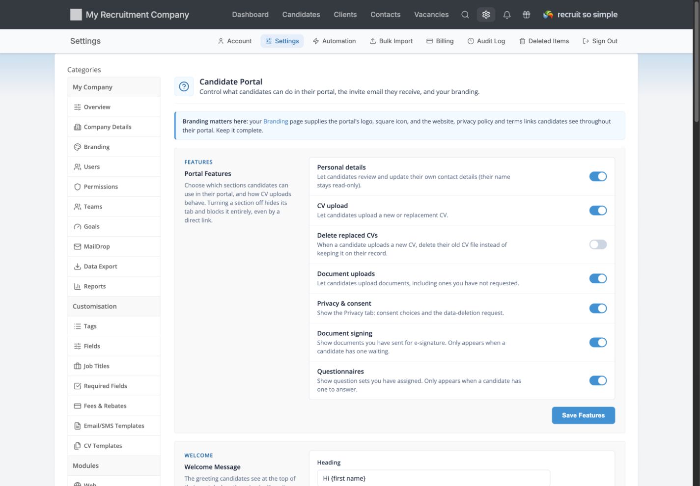 Recruit So Simple Candidate Portal settings with controls for personal details, CV uploads, documents, privacy, signing and questionnaires