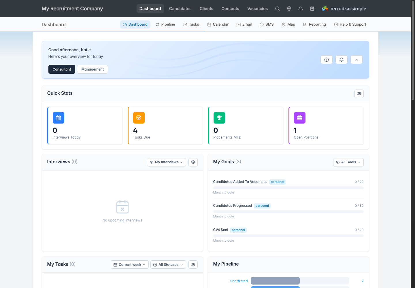 Recruit So Simple dashboard showing the account company name in the top-left product navigation