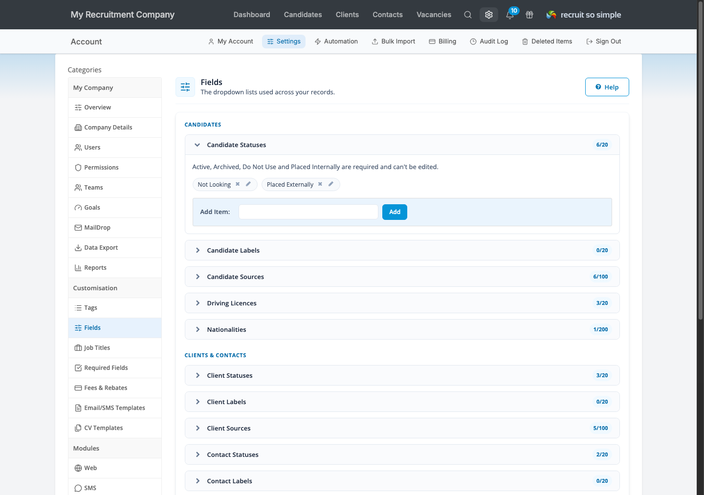 Recruit So Simple Settings and Fields page with Candidate Statuses expanded