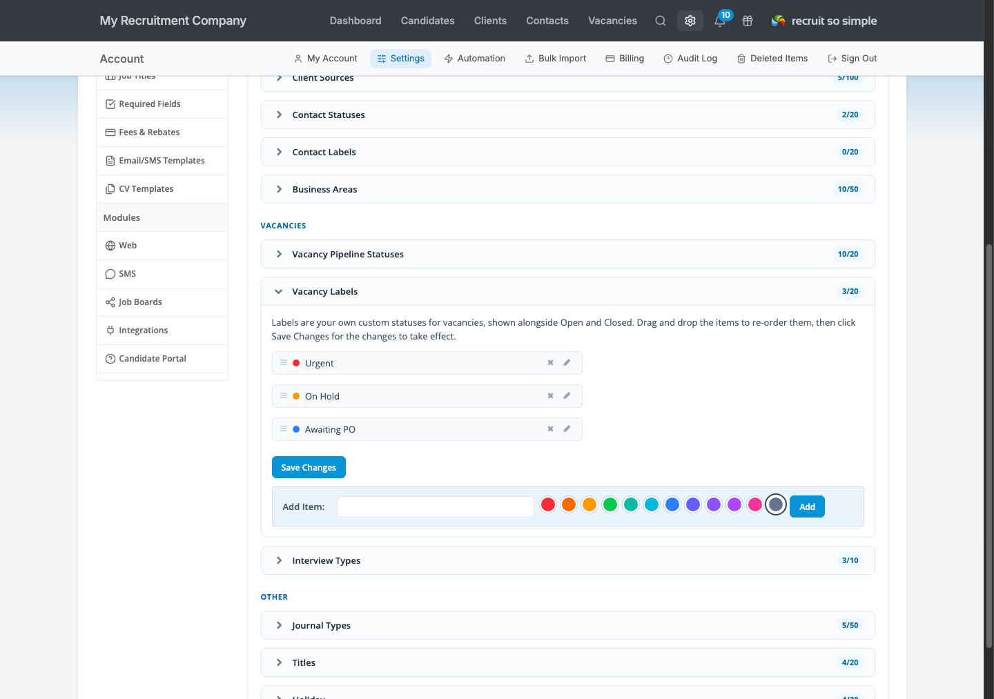 Recruit So Simple Vacancy Labels settings with existing labels and the custom colour picker