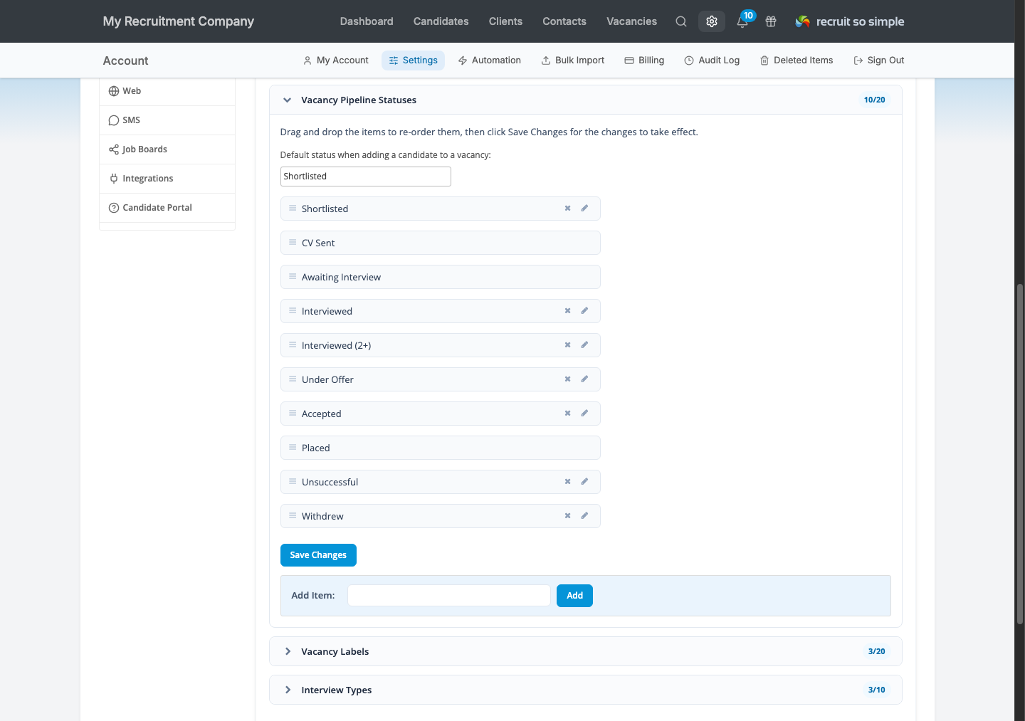 Recruit So Simple Vacancy Pipeline Statuses settings with reorderable recruitment stages