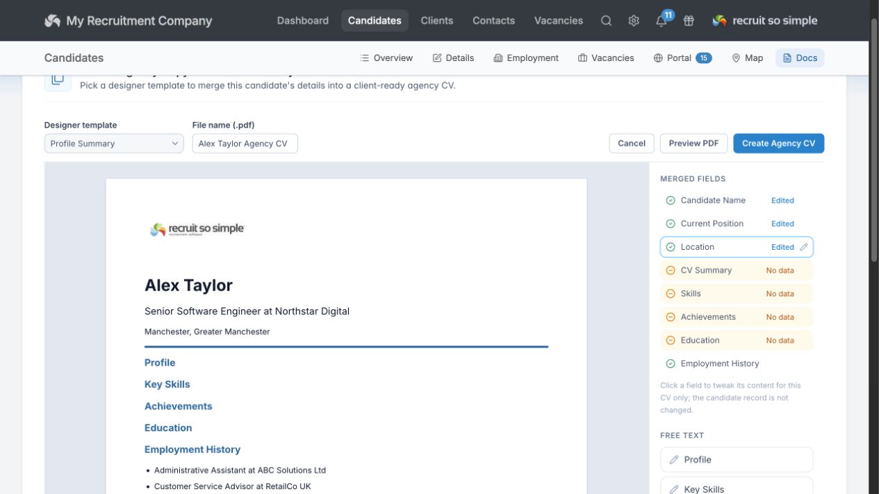 Agency CV preview for the fictional candidate Alex Taylor with edited merge fields and PDF actions