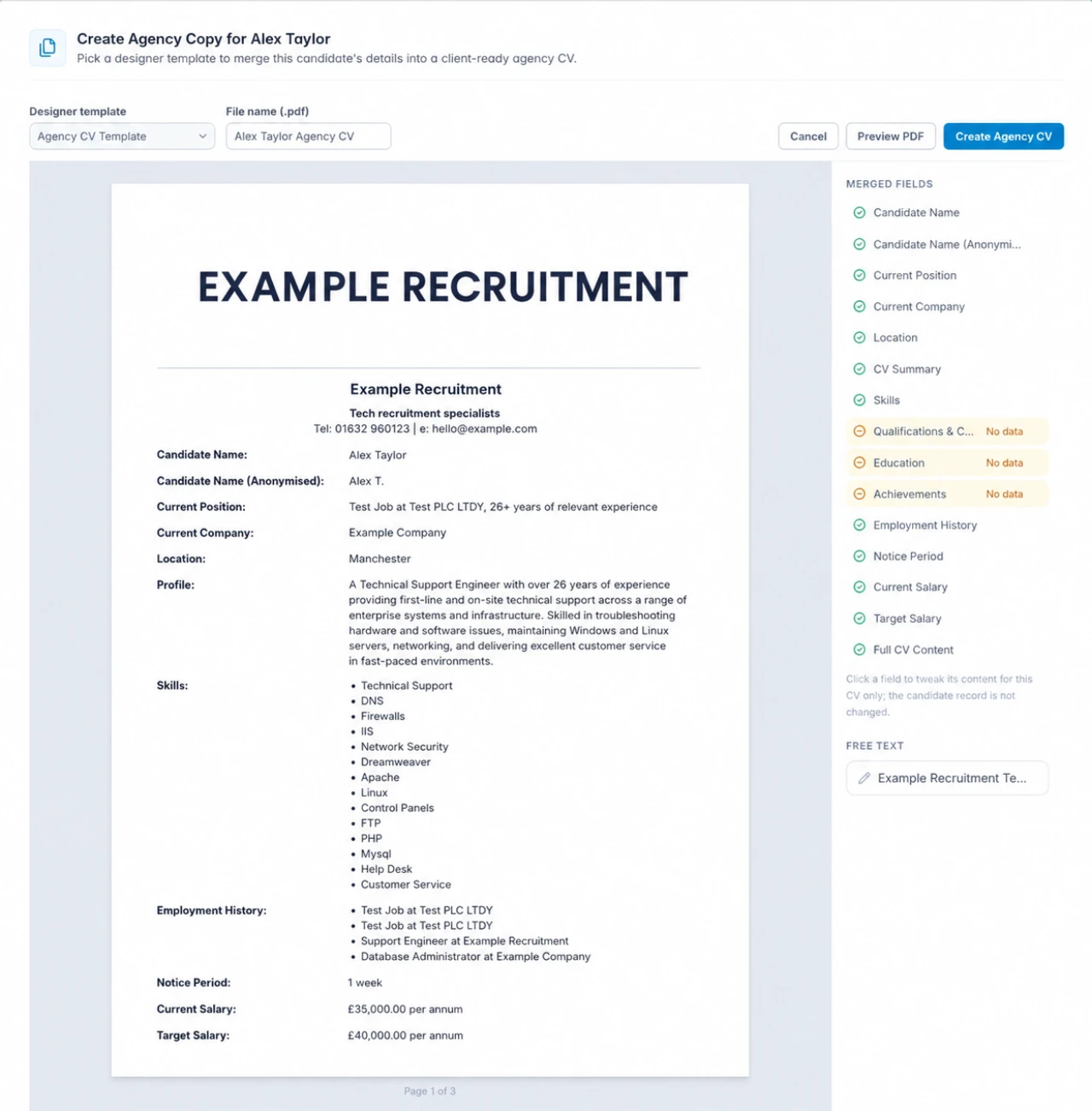 Creating an agency CV with fictional candidate details, demo agency branding and missing-field indicators