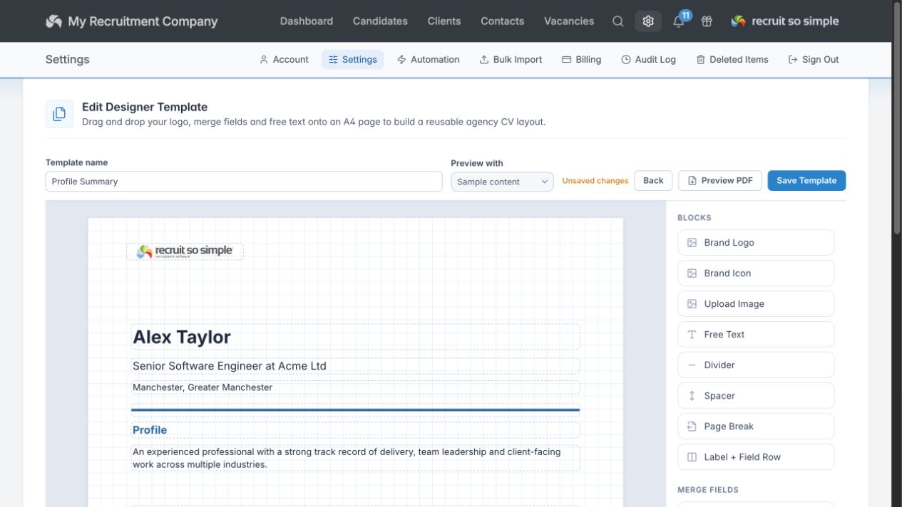 CV Designer showing an anonymised Alex Taylor profile arranged on an A4 template beside draggable content blocks
