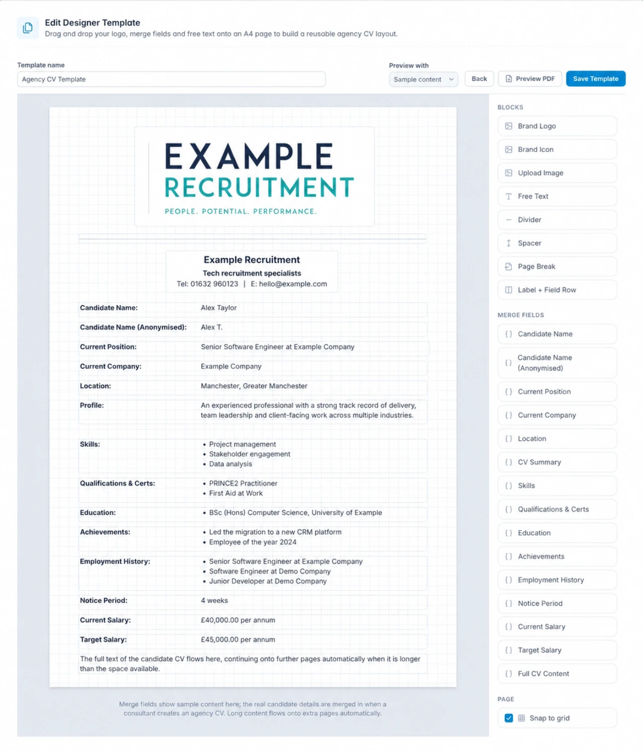 Agency CV Designer with demo agency branding, sample candidate details and draggable blocks and merge fields