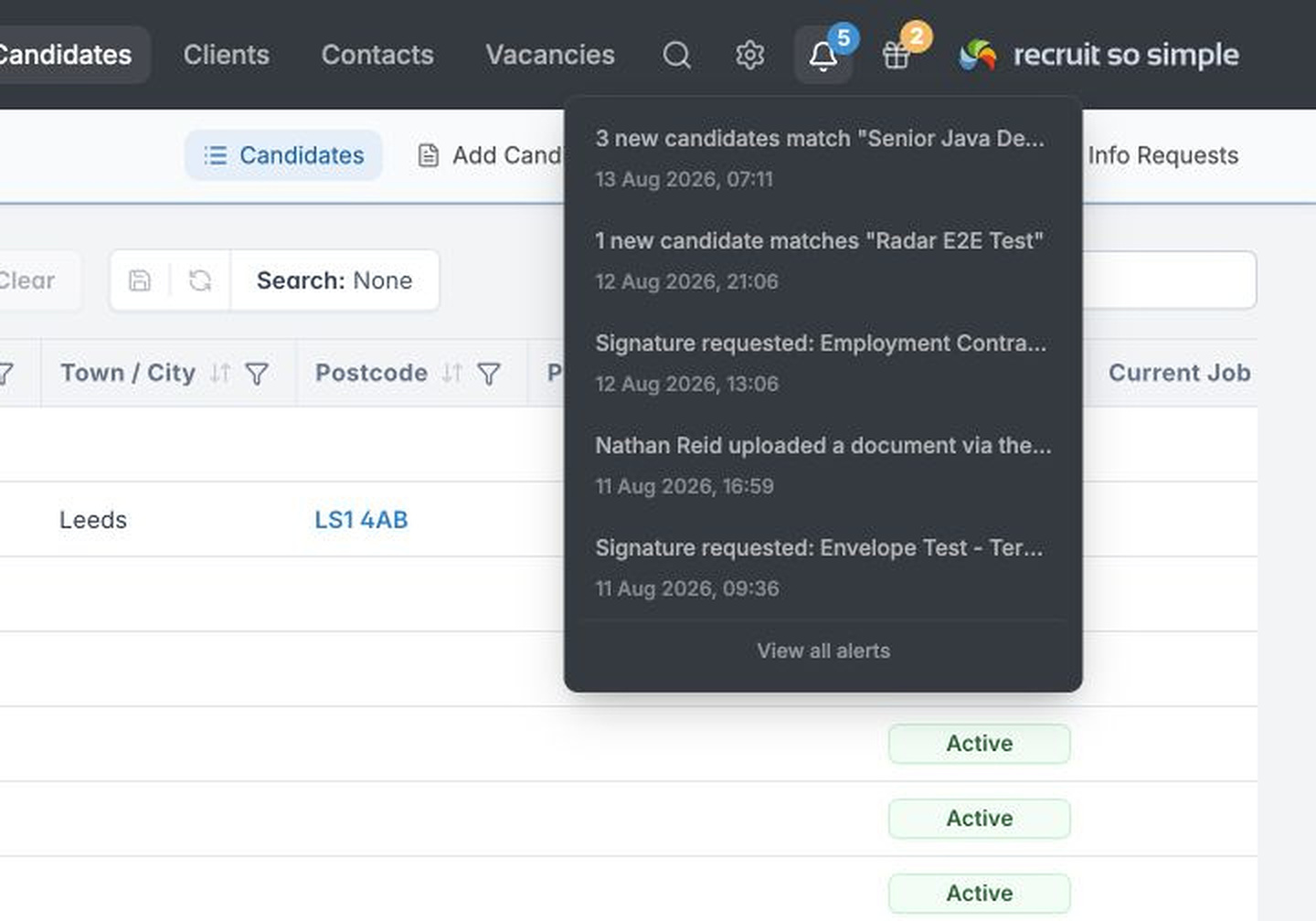 Recruit So Simple notification menu showing three new candidates matching the Senior Java Developers search