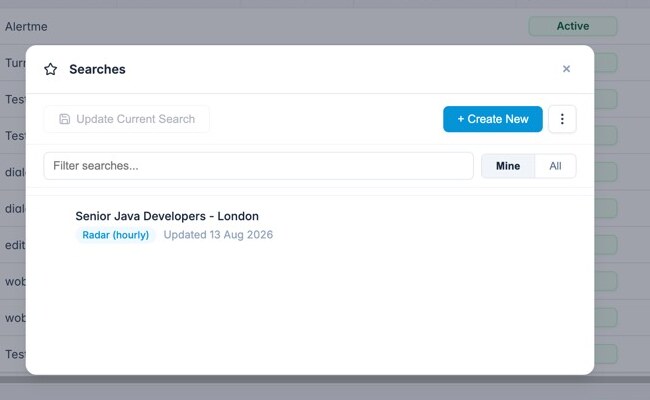 Saved Searches panel showing Senior Java Developers London with a Radar hourly badge